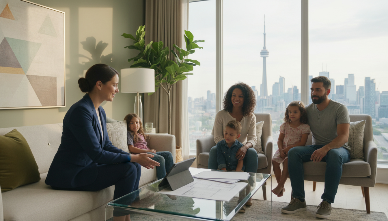 Realtor advising a family about selling a parent's home in a bright living room with Toronto skyline visible.