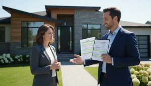 Real estate agent explaining home inspection and appraisal reports to homeowner in front of a house.