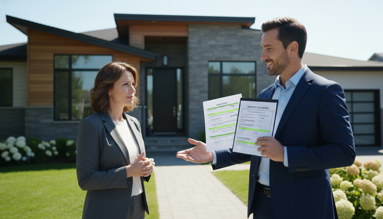 Real estate agent explaining home inspection and appraisal reports to homeowner in front of a house.