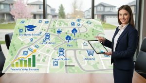 Neighborhood map with school, transit, park, shops icons and upward price graph showing amenities raising home value