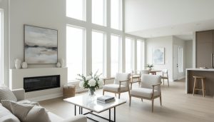 Staged living room with neutral decor and no personal photos, bright natural light, tidy surfaces.