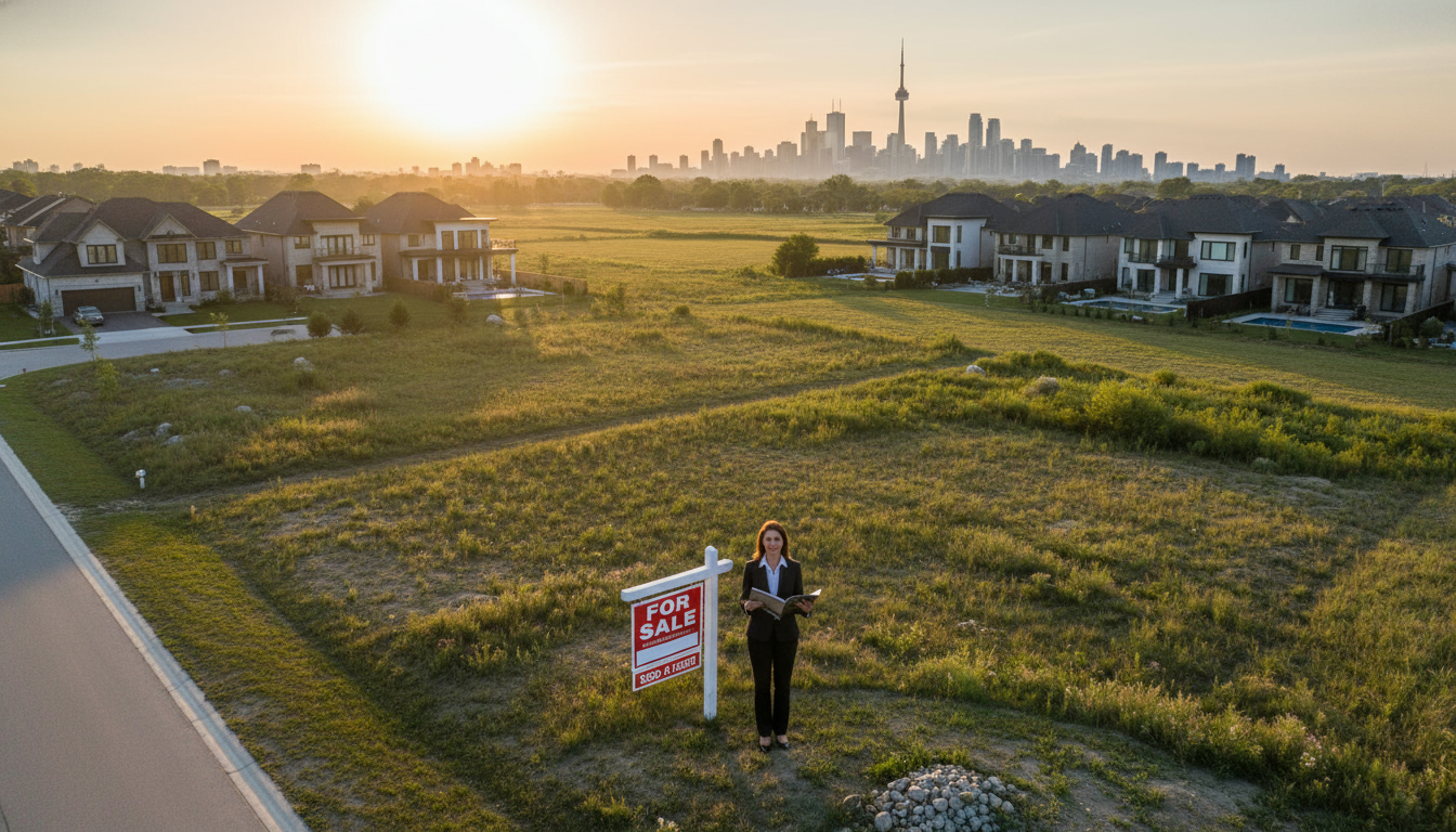 Aerial view of vacant land near the Greater Toronto Area with a For Sale sign and realtor brochure