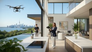 Realtor filming a modern home with camera and drone for real estate video marketing
