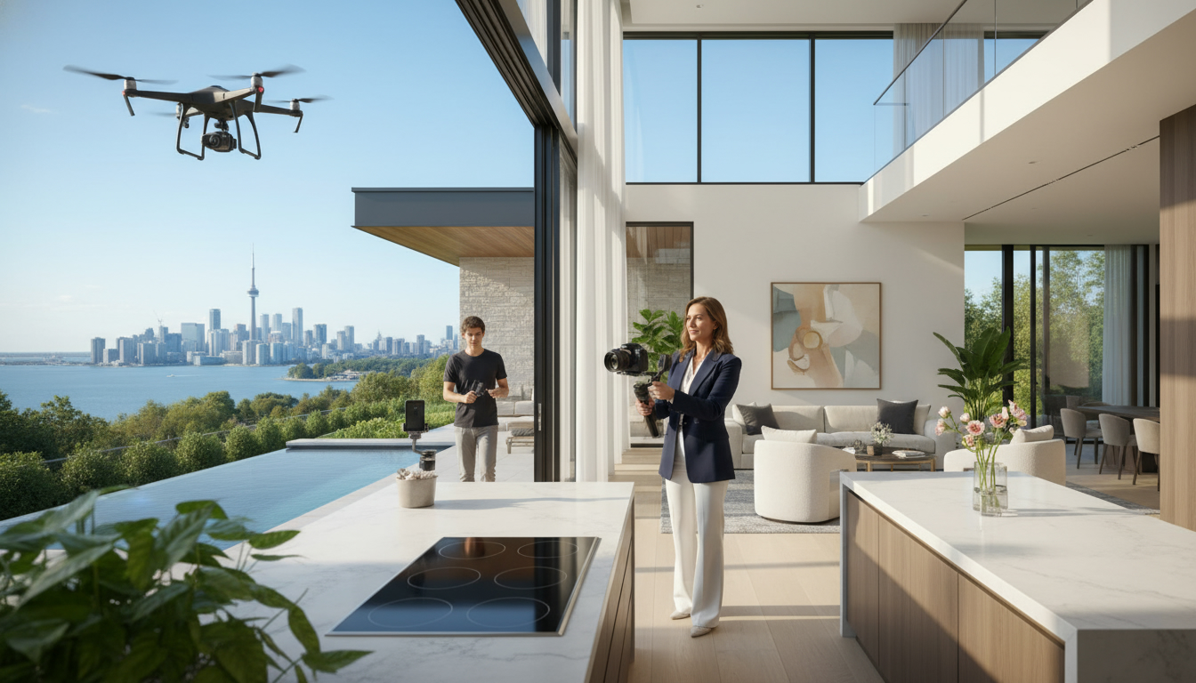Realtor filming a modern home with camera and drone for real estate video marketing