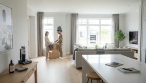 Calm couple packing in a staged home with a For Sale sign visible through the window