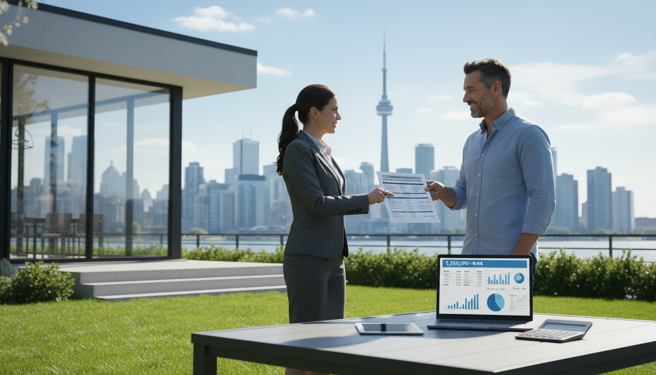 Realtor handing a commission breakdown sheet to a homeowner with Toronto skyline and CN Tower in the background
