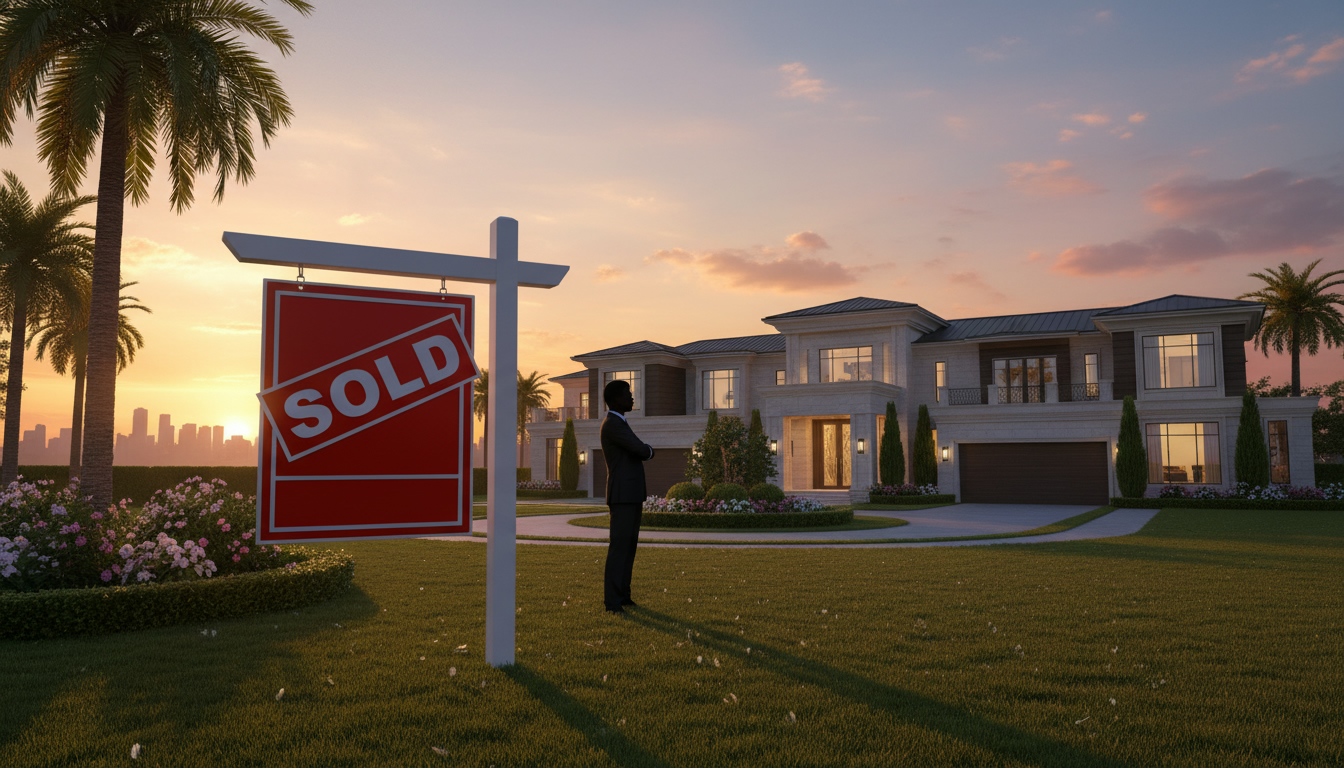 Luxury estate home with sold sign and realtor silhouette at sunset
