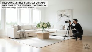 Professional photographer shooting a bright, staged living room to improve listing photos and reduce time on market.