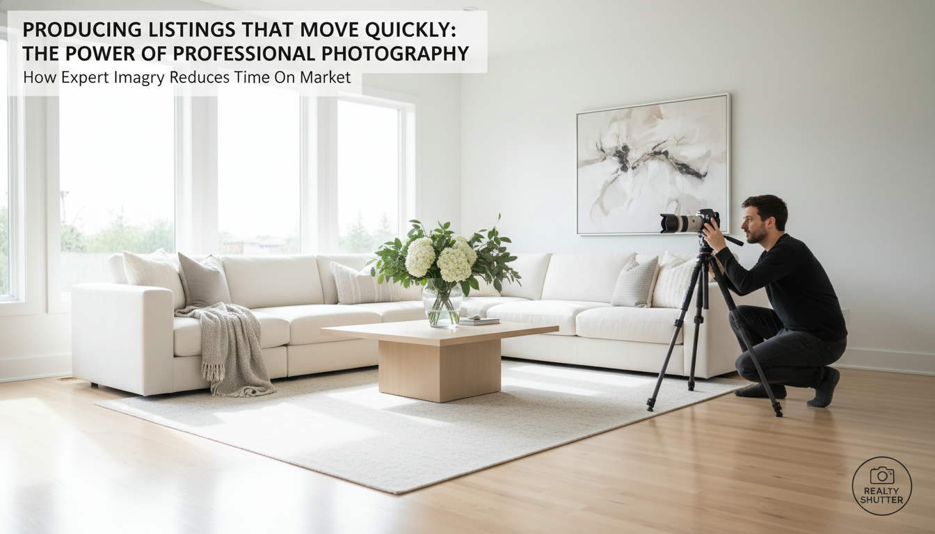 Professional photographer shooting a bright, staged living room to improve listing photos and reduce time on market.
