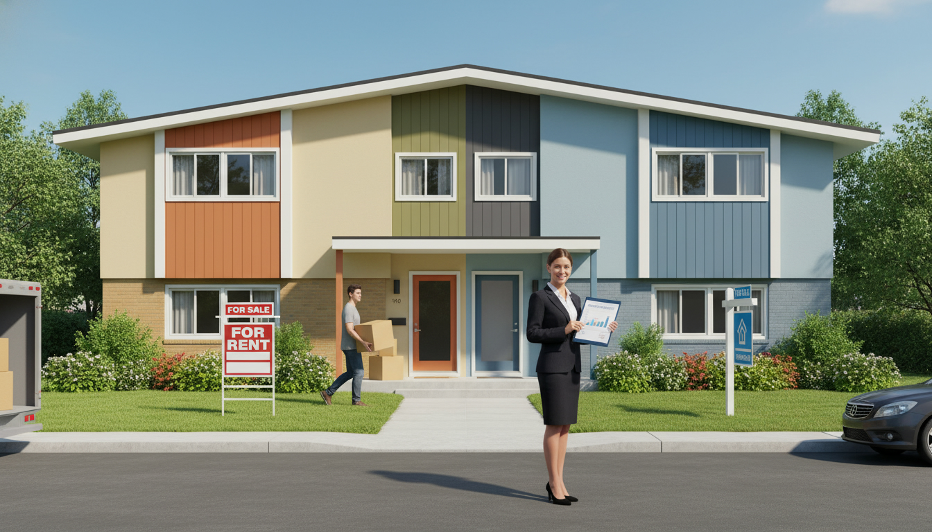 Split image of a suburban house showing 'For Rent' on one side and 'For Sale' on the other with a realtor and tenant.