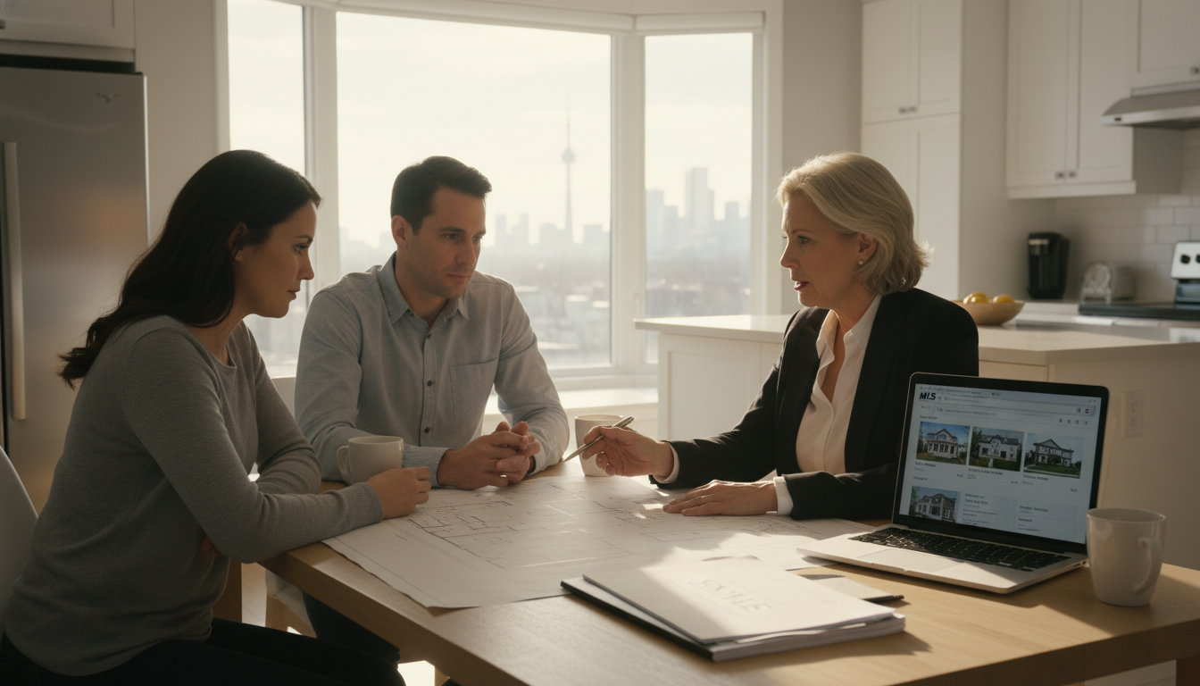 Family meeting with realtor at a kitchen table discussing selling a parent’s home with MLS listings on a laptop and estate documents.