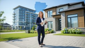 Real estate agent holding keys and clipboard outside Ontario home with condo and Ontario map overlay