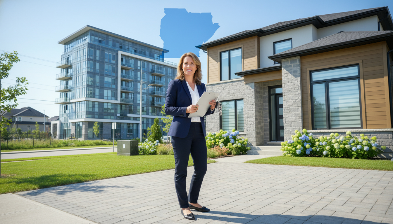 Real estate agent holding keys and clipboard outside Ontario home with condo and Ontario map overlay