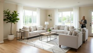 Staged living room with neutral decor, hardwood floors, and realtor holding a clipboard.