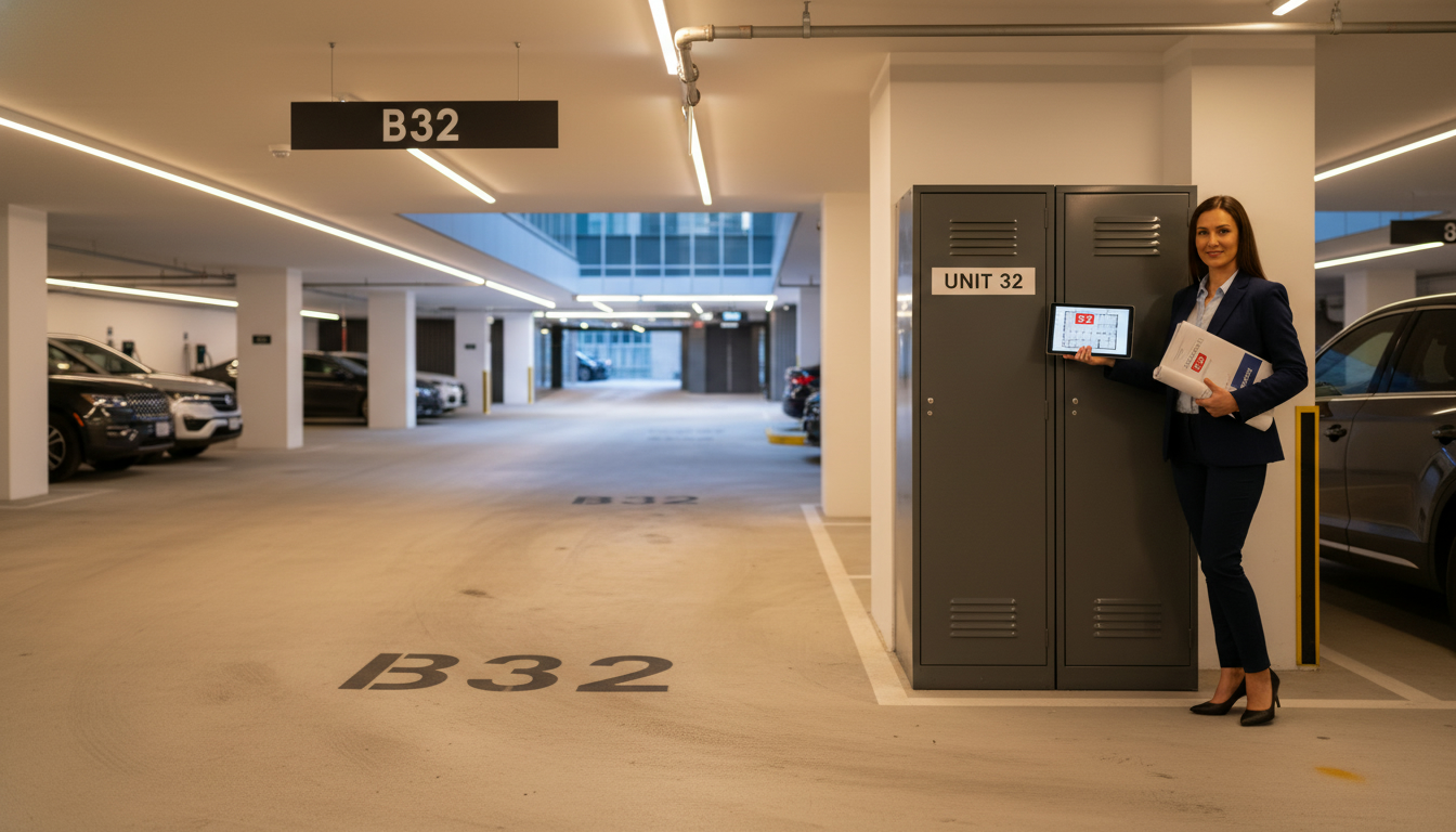 Modern underground condo parking stall with numbered space and labeled storage locker, realtor holding documents.