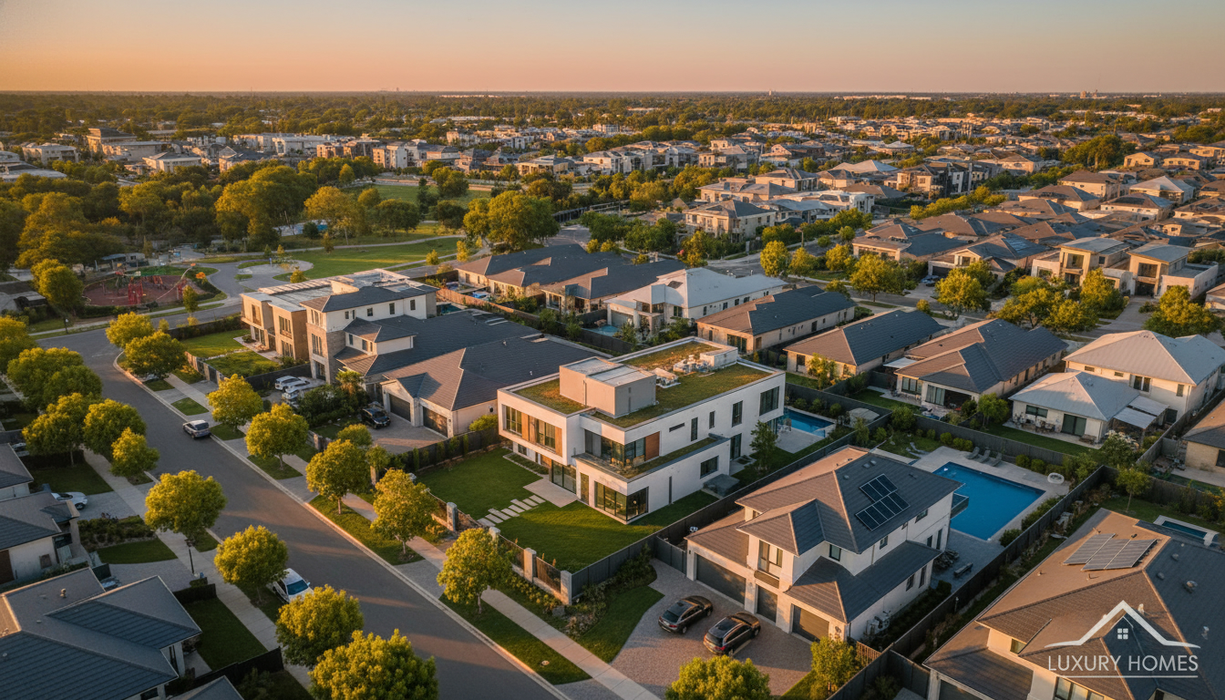 Aerial drone view of a modern suburban home and neighborhood at golden hour for real estate marketing