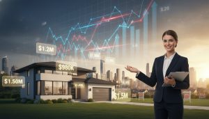 Real estate agent analyzing market trends with price tags and graphs overlaying a suburban home.