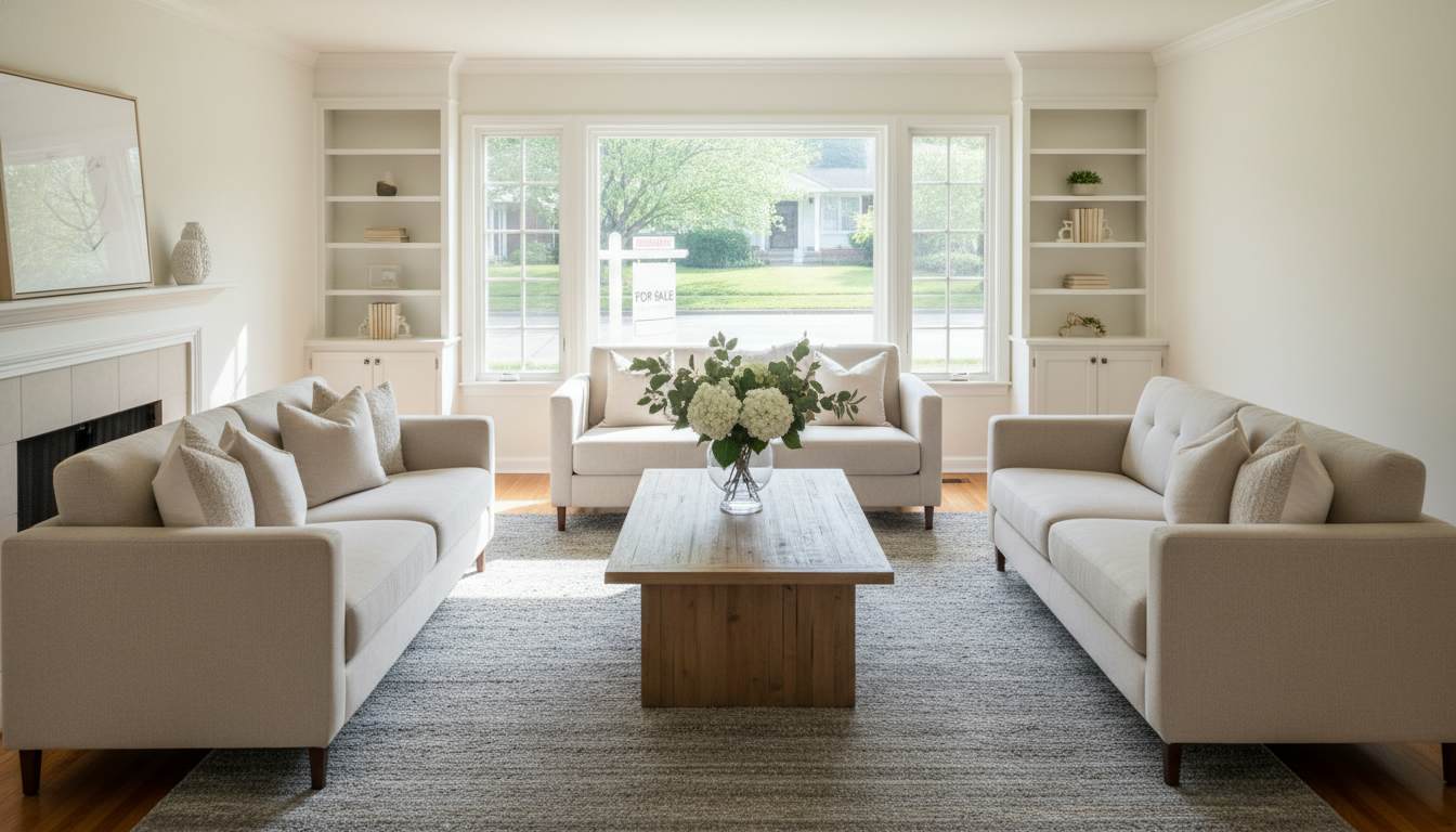 Staged living room of a parent’s home ready for sale — clean, neutral, bright and inviting.