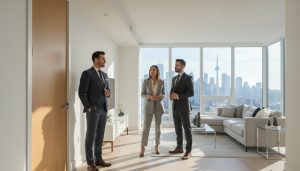 Realtor standing discreetly near doorway during a home showing with buyer and agent inside staged living room.