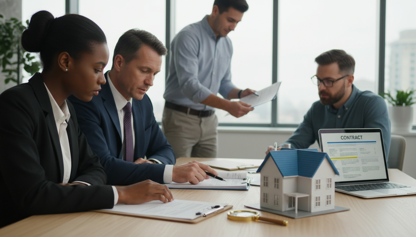 Buyer and seller reviewing a home inspection report with magnifying glass and contract during negotiation