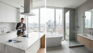 Side-by-side modern kitchen and bathroom renovation planning with tools and floor plans