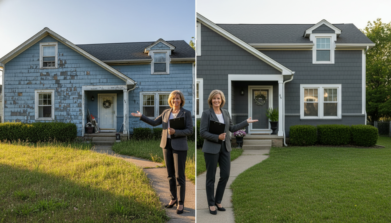 Split-screen of parent’s home as-is and after upgrades with realtor