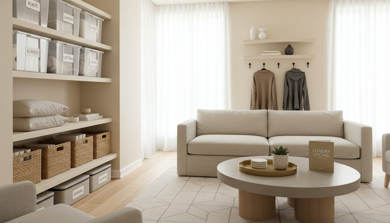 Organized modern living room with labeled clear bins, baskets, and floating shelves staged for sale.