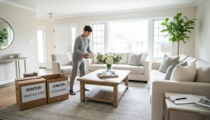 Staged living room with adult child decluttering and real estate agent clipboard
