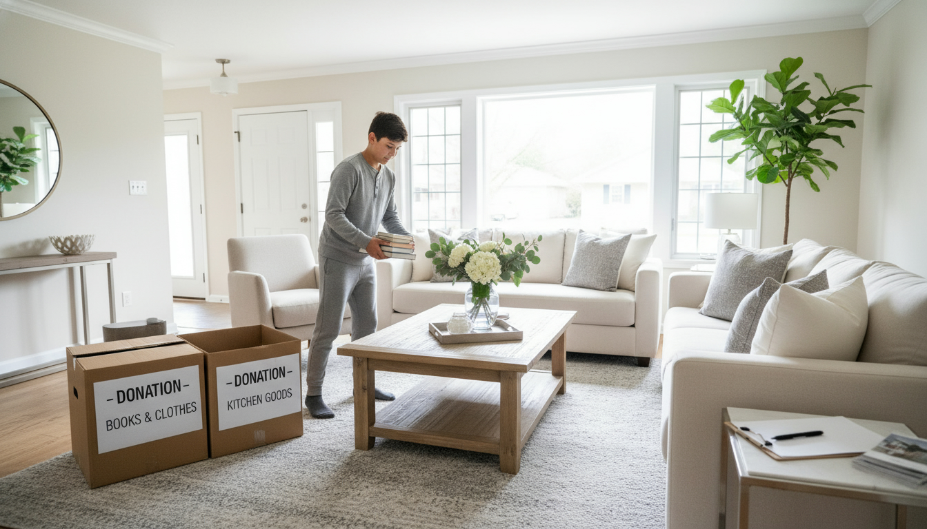Staged living room with adult child decluttering and real estate agent clipboard