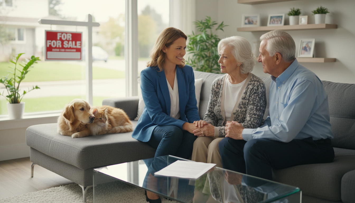 Realtor advising older couple selling a home while their dog and cat rest in the living room