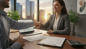 Realtor negotiating mortgage penalties with lender over documents and calculator