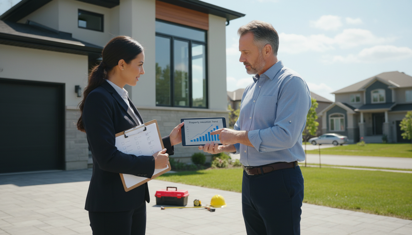 Real estate agent reviewing a home inspection report and appraisal chart with homeowner in front of a house.
