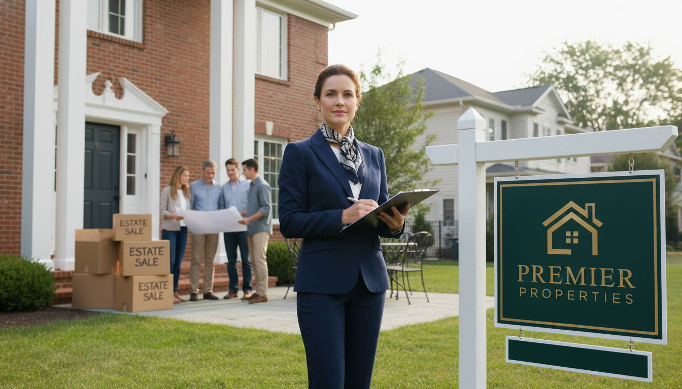 Real estate agent outside a suburban home with moving boxes and 'For Sale' sign preparing for an estate sale