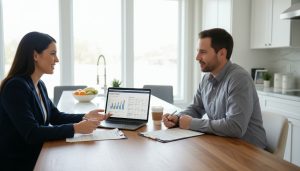 Realtor and homeowner reviewing MLS data and documents at kitchen table