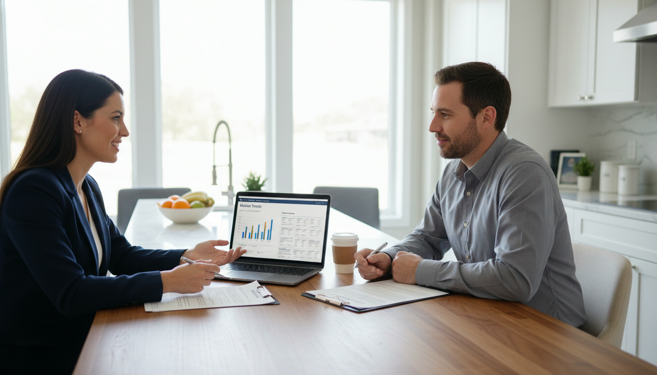 Realtor and homeowner reviewing MLS data and documents at kitchen table