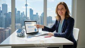 Real estate agent reviewing Comparative Market Analysis charts and pricing strategy with laptop and miniature house model