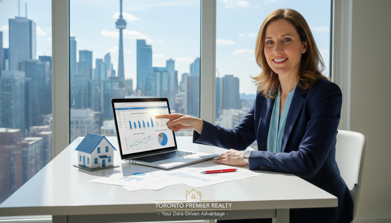 Real estate agent reviewing Comparative Market Analysis charts and pricing strategy with laptop and miniature house model