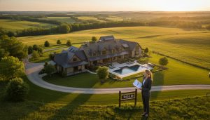 Realtor assessing a luxury rural property at sunset with drone view and valuation documents.