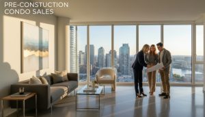 Realtor reviewing pre-construction condo blueprints with young couple in sunlit modern model suite overlooking city skyline
