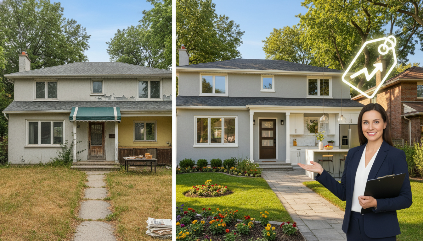 Before and after home upgrades showing increased market value with realtor and upward price tag