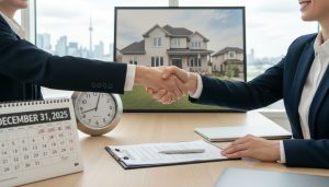 Real estate negotiation with contract, calendar, clock, and house in background indicating long closing date
