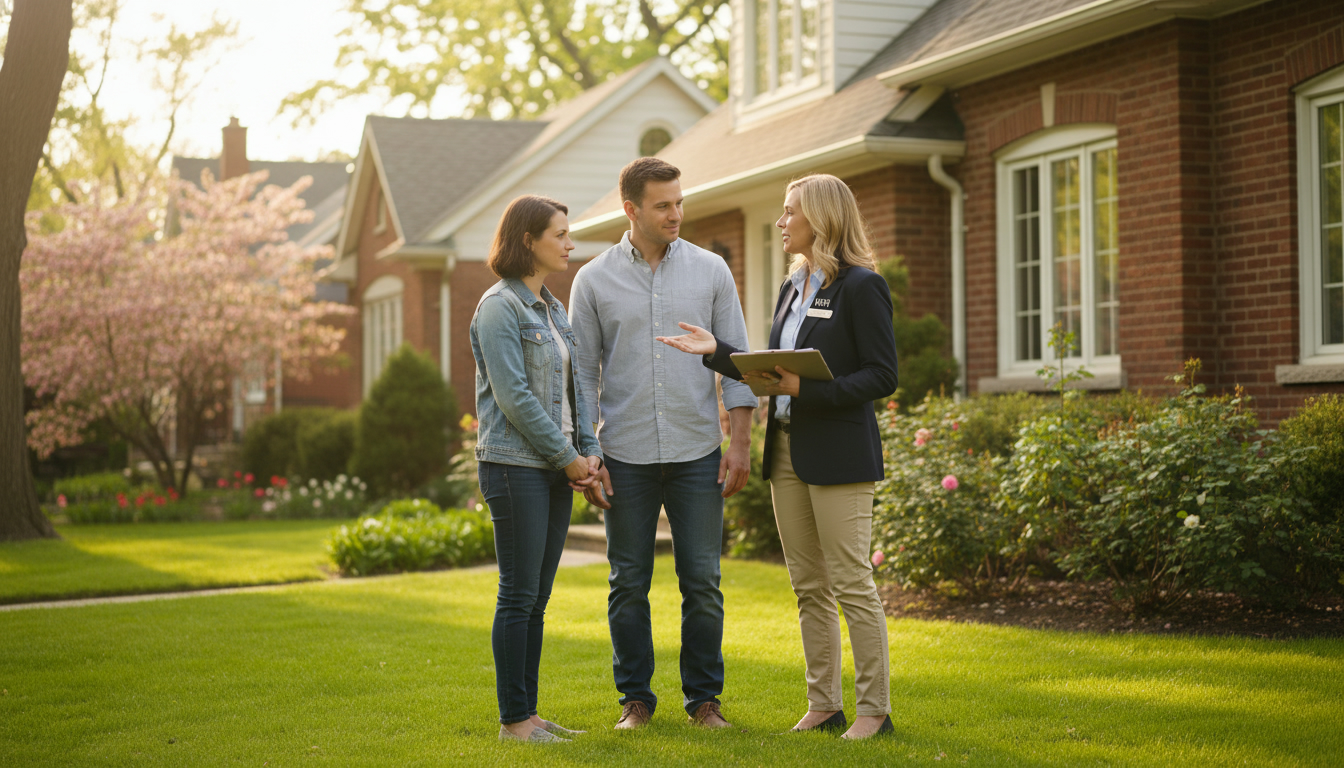 Realtor consulting adult children outside a parent’s home in spring with manicured lawn.