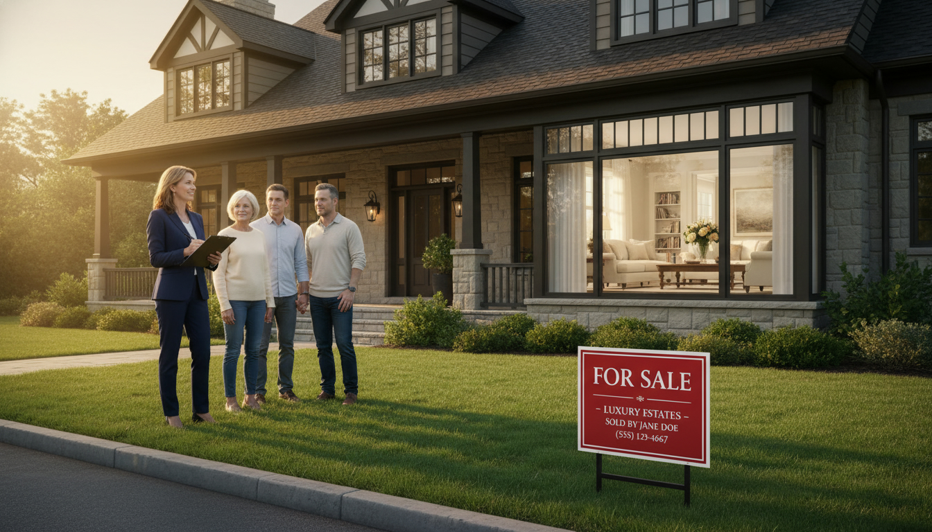 Classic family estate with agent, family members, and 'For Sale' sign during staging