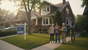 Older family home with For Sale sign and diverse buyers inspecting property in Toronto neighborhood