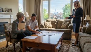 Three adult siblings discussing paperwork in a family living room with a realtor present during a childhood home sale discussion.