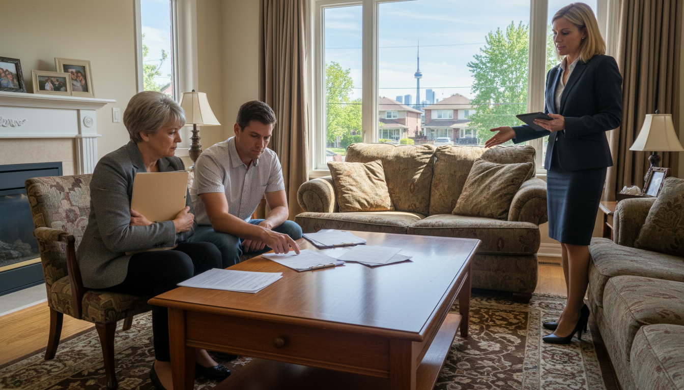 Three adult siblings discussing paperwork in a family living room with a realtor present during a childhood home sale discussion.