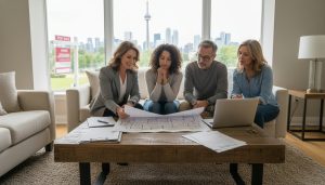 Realtor mediating adult siblings reviewing documents in a family living room with a For Sale sign visible outside