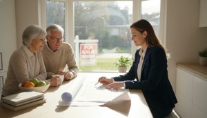 Realtor discussing paperwork with elderly couple in a staged, sunlit home with a for sale sign visible outside.