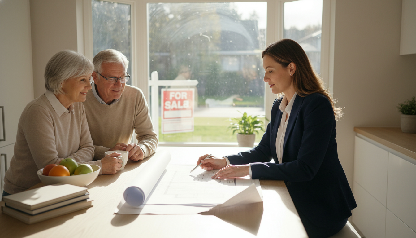 Realtor discussing paperwork with elderly couple in a staged, sunlit home with a for sale sign visible outside.