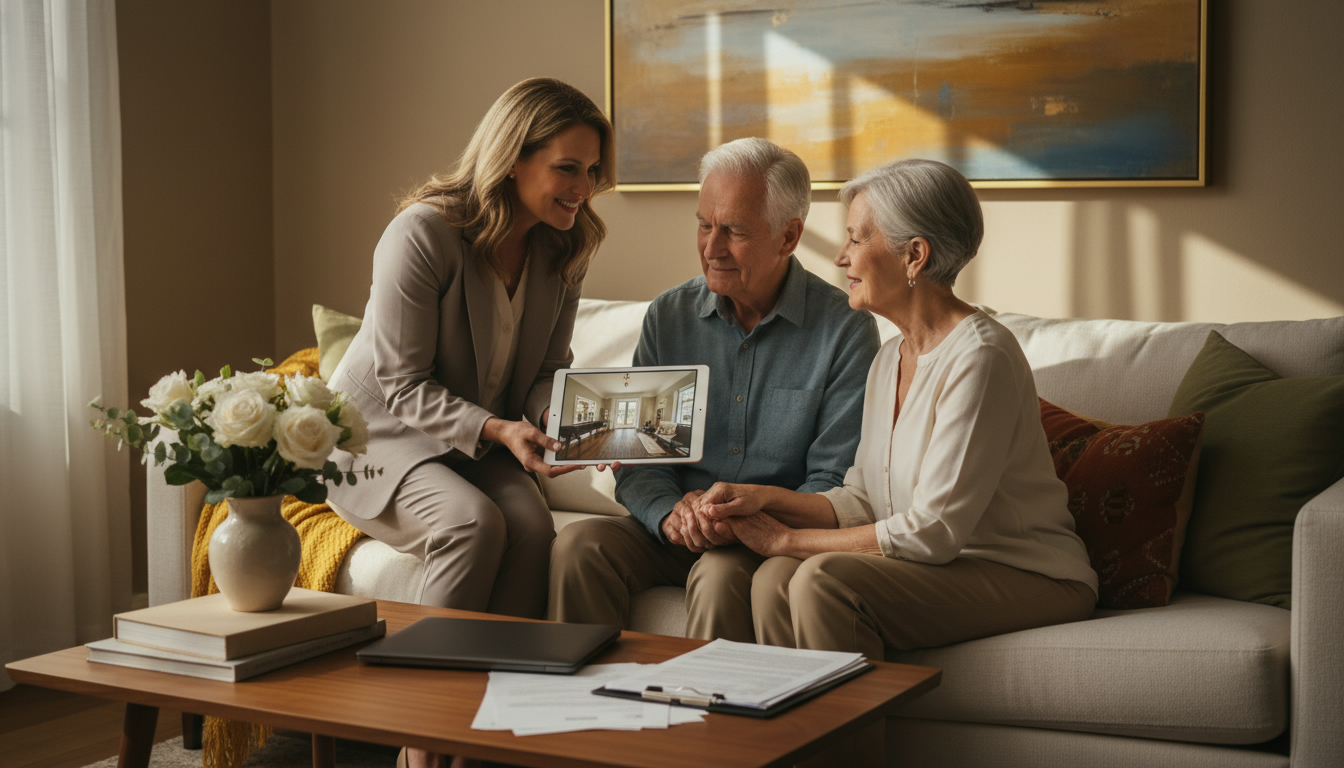 Realtor talking with elderly couple about selling their home, paperwork on table, laptop showing virtual tour